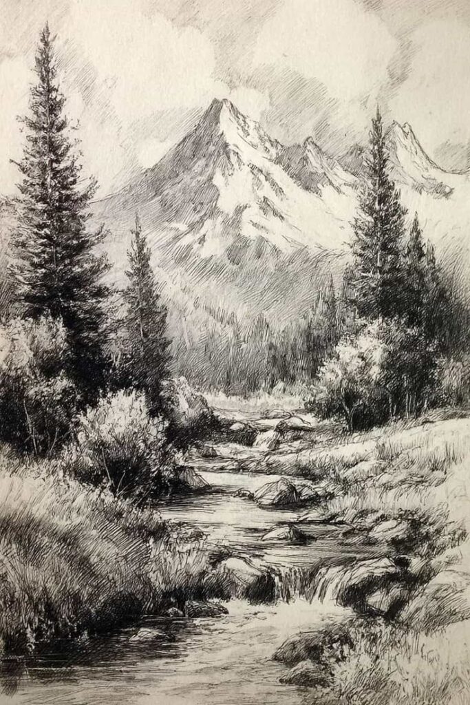 75+ Landscape Drawing Ideas to Ignite Your Inner Artist Black and white sketch of a tranquil mountain scene with a river flowing through pine forests, capturing the serenity of nature. | Sky Rye Design Black and white sketch of a tranquil mountain scene with a river flowing through pine forests, capturing the serenity of nature.