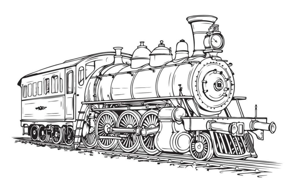 752e758809915467cf12c00b26468799 Vintage steam locomotive illustration, depicting a classic train in black and white, showcasing intricate details and wheels. | Sky Rye Design Vintage steam locomotive illustration, depicting a classic train in black and white, showcasing intricate details and wheels.