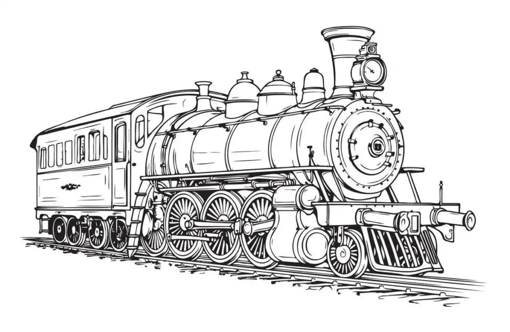 Vintage steam locomotive illustration, depicting a classic train in black and white, showcasing intricate details and wheels.