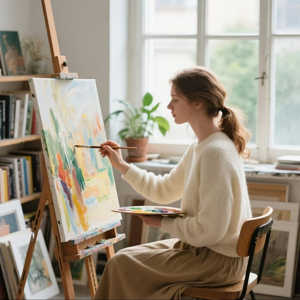 Woman painting on canvas in a bright studio with plants, books, and natural light, wearing a cozy sweater.