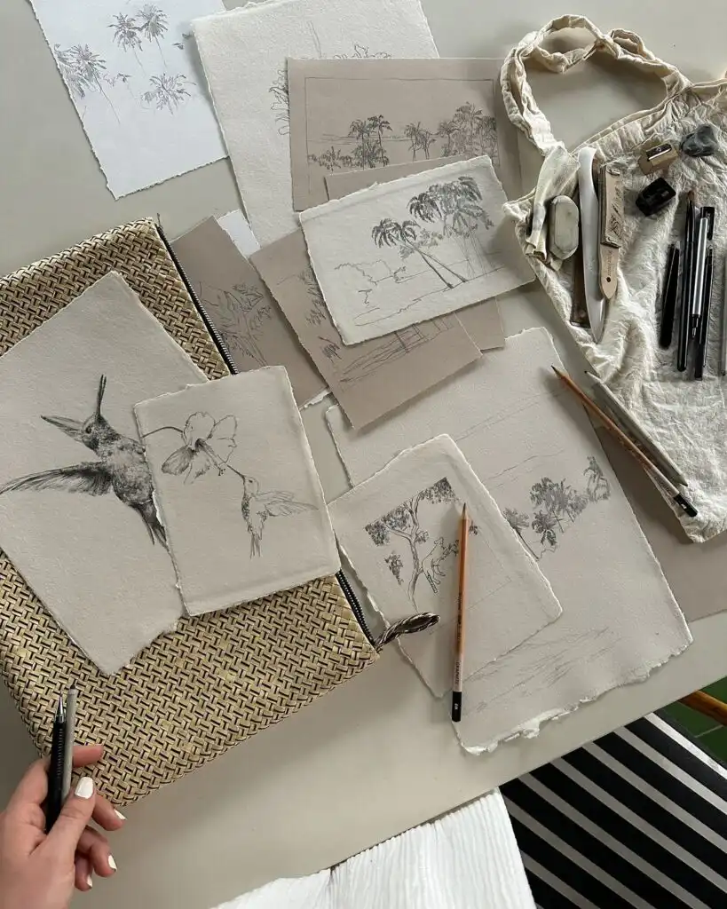 7588662ad88c4aea1e34f436131bf878 Artist sketching on paper with palm tree and bird designs, surrounded by pencils, erasers, and tools on a table. | Sky Rye Design Artist sketching on paper with palm tree and bird designs, surrounded by pencils, erasers, and tools on a table.
