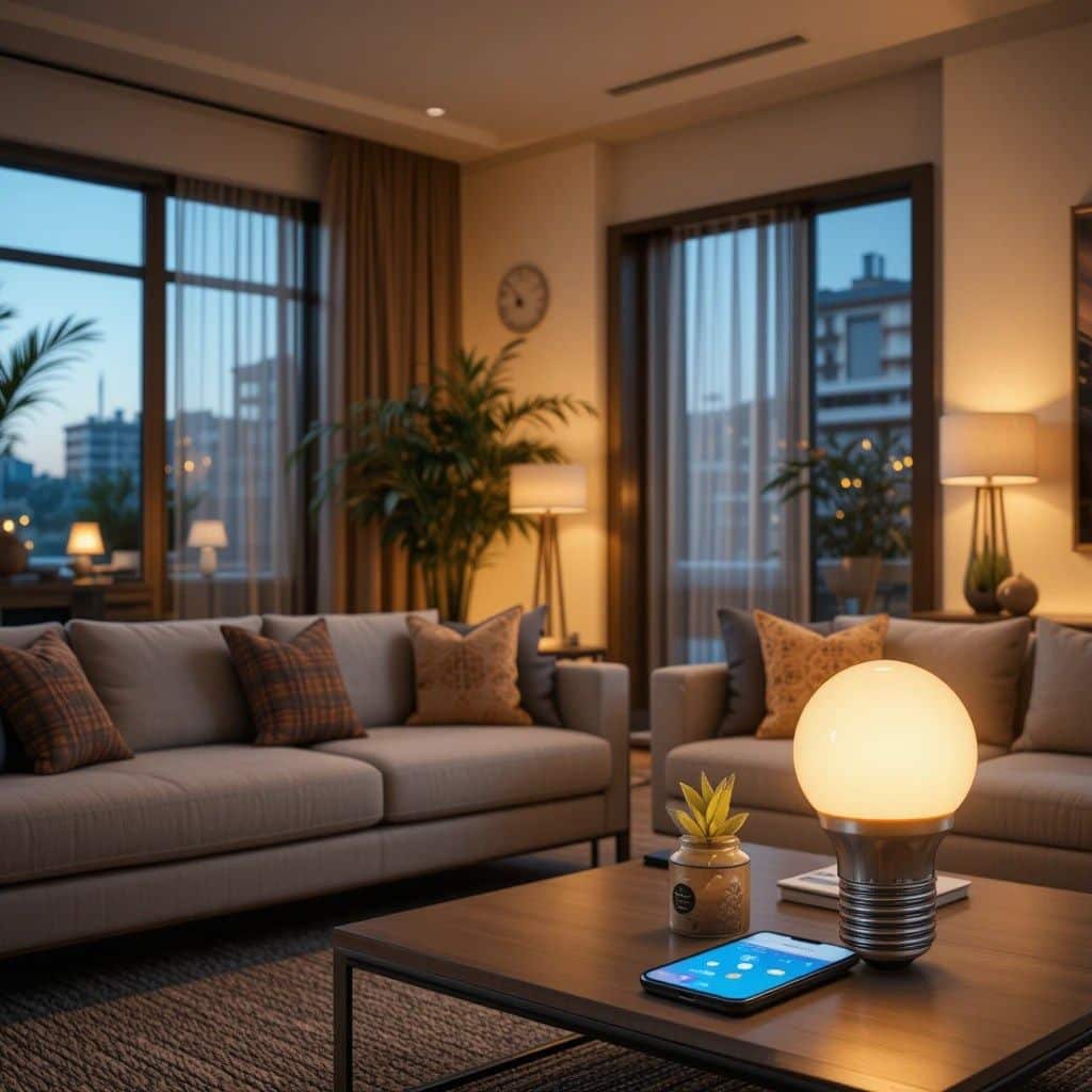 764b0c1185b11fce1ef5c7a7059d0feb Modern living room with smart bulb on table, cozy sofas, soft lighting, and city view through large windows at dusk. | Sky Rye Design Modern living room with smart bulb on table, cozy sofas, soft lighting, and city view through large windows at dusk.