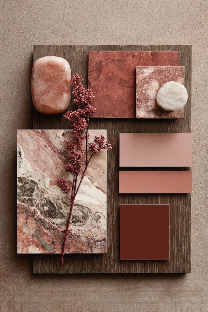 _ 77 Earthy tones and textures: a collection of red and brown tiles, a smooth stone, and dried foliage on a wooden surface. | Sky Rye Design Earthy tones and textures: a collection of red and brown tiles, a smooth stone, and dried foliage on a wooden surface.