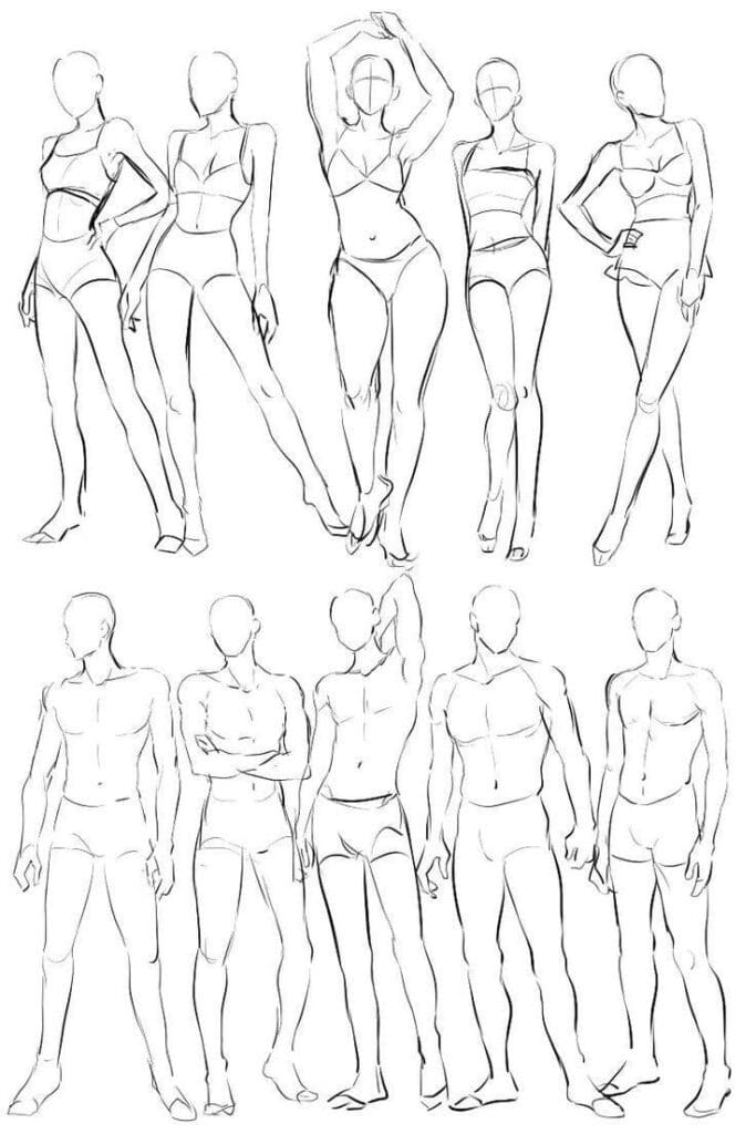 77195337-3e20-49db-afee-655ec70bdcaa Sketch of male and female figure drawing poses showcasing anatomical proportions and dynamic stances for artists. | Sky Rye Design Sketch of male and female figure drawing poses showcasing anatomical proportions and dynamic stances for artists.