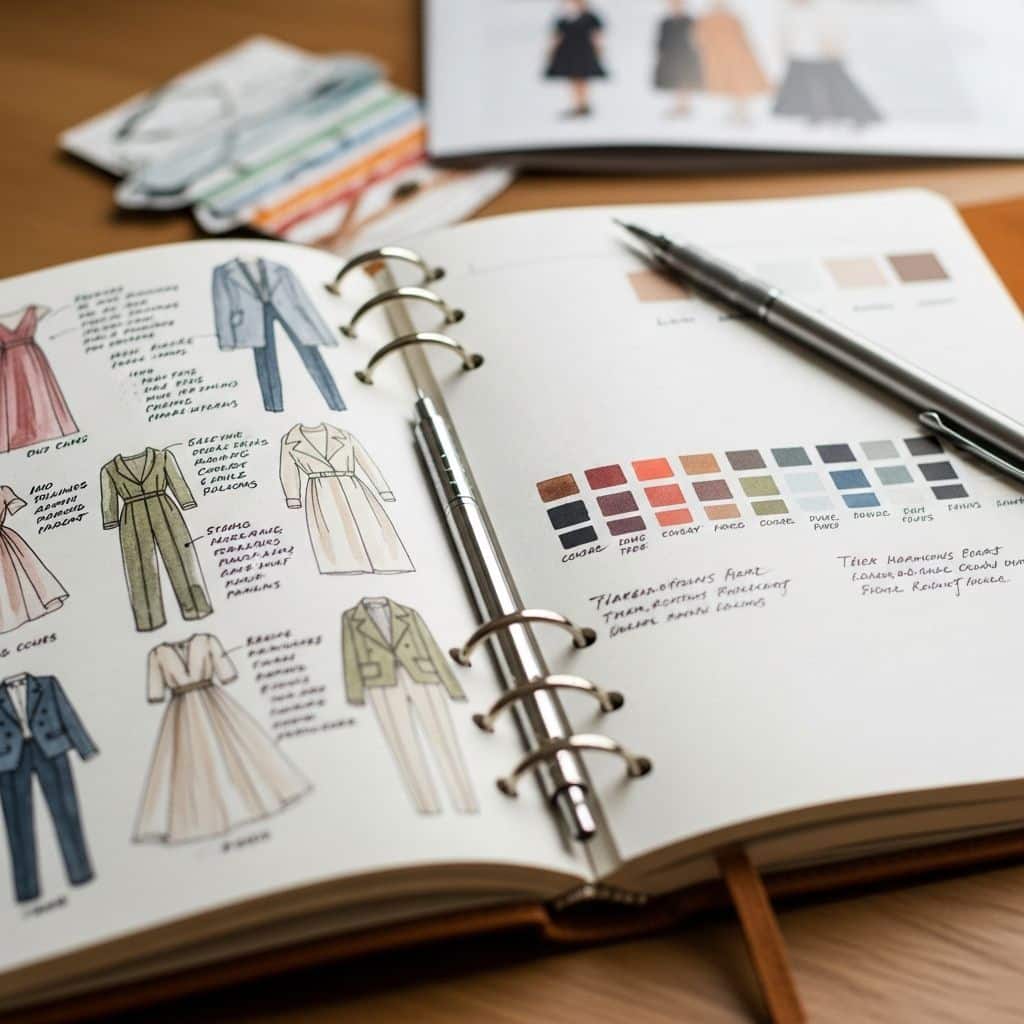 7743a567b3a7b7ed3dc92fdc823823a4 Open sketchbook with fashion designs and color swatches on a desk, featuring pens and fabric samples, ideal for fashion inspiration. | Sky Rye Design Open sketchbook with fashion designs and color swatches on a desk, featuring pens and fabric samples, ideal for fashion inspiration.