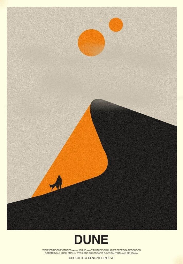 Minimalist Dune movie poster with a silhouette figure on an orange and black sand dune, featuring two suns. Directed by Denis Villeneuve.