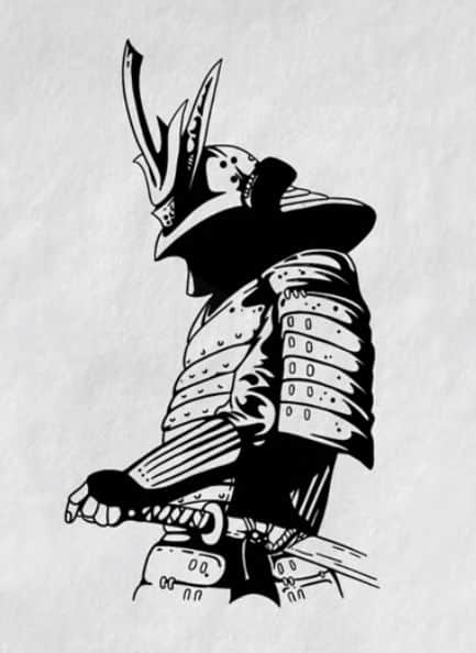 77a5d88b71041e9c02a85355d2e2369f Silhouette of a samurai in traditional armor, showcasing intricate helmet and plating details on a textured white background. | Sky Rye Design how to draw a samurai helmet