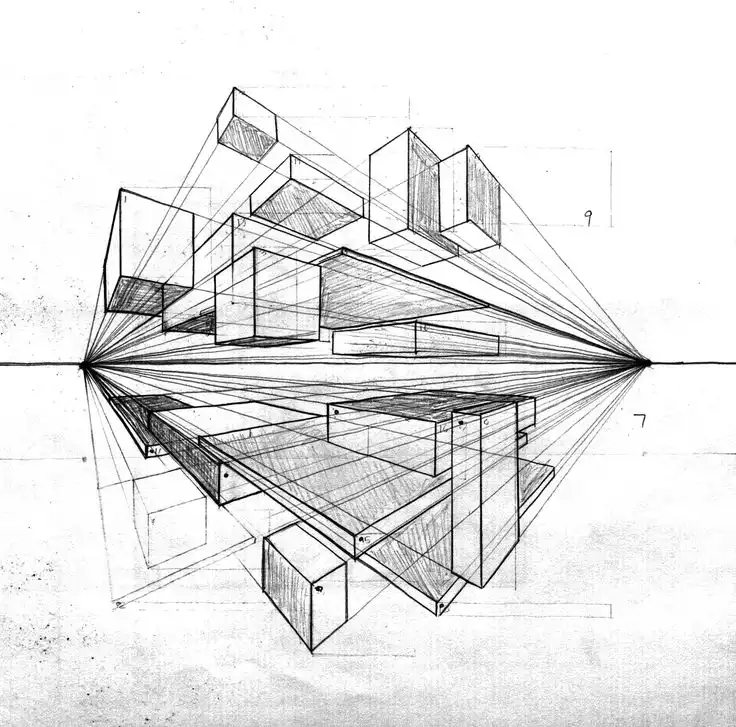 Geometric 3D sketch of cubes in perspective, showcasing depth and alignment, ideal for art, architecture, and design concepts.