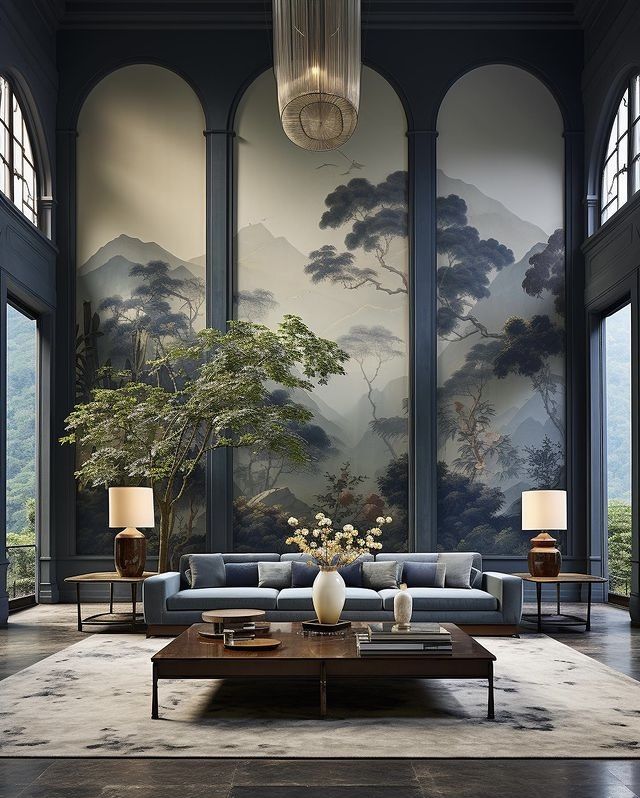 _ 79 Luxurious living room with a mountain mural, modern blue sofa, elegant chandelier, and large windows framing lush greenery. | Sky Rye Design Luxurious living room with a mountain mural, modern blue sofa, elegant chandelier, and large windows framing lush greenery.