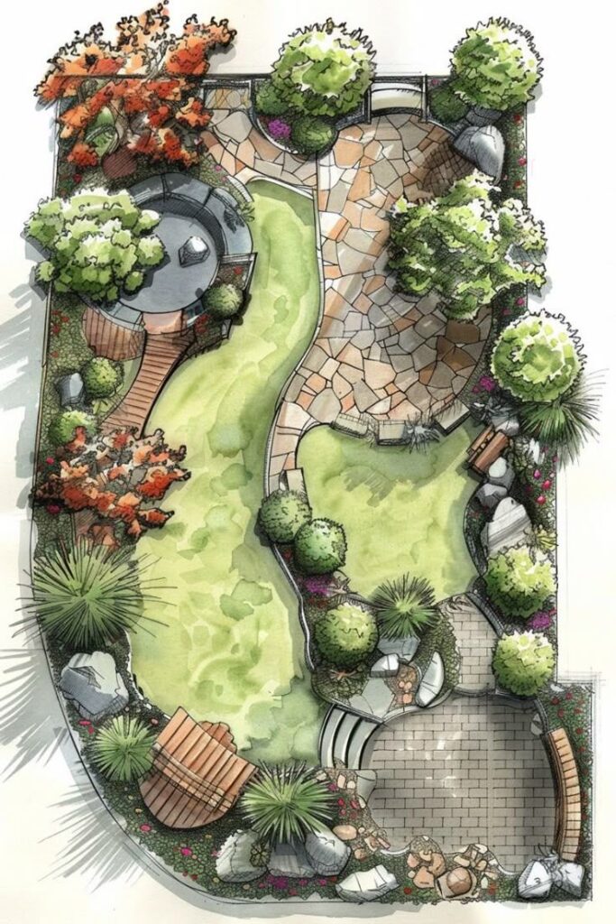 79603f91-a12b-44de-8532-1fdd3d44366e Overhead view of a landscaped garden design featuring winding paths, trees, shrubs, and seating areas for a serene outdoor space. | Sky Rye Design Overhead view of a landscaped garden design featuring winding paths, trees, shrubs, and seating areas for a serene outdoor space.