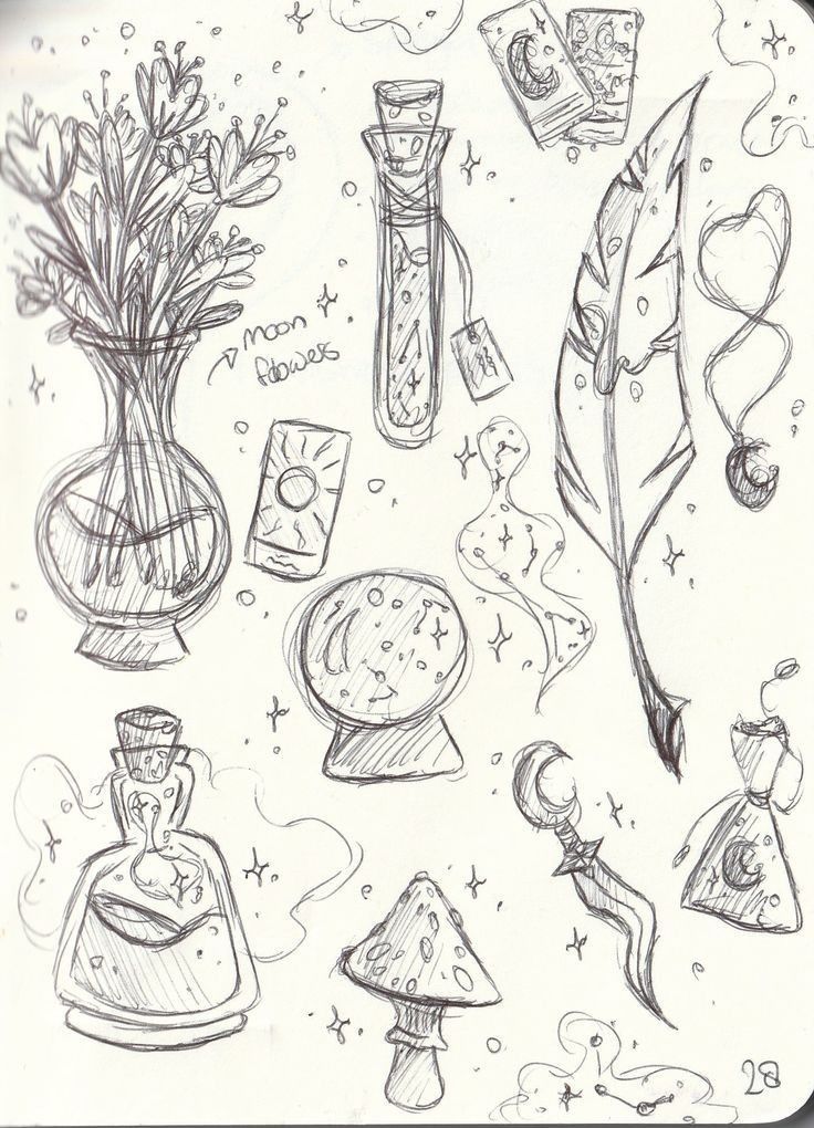 7ec1cf572735d13871f28d792b89b800 Sketch of magical items including moon flowers, potion bottles, a quill, and tarot cards, creating a mystical and enchanting vibe. | Sky Rye Design Sketch of magical items including moon flowers, potion bottles, a quill, and tarot cards, creating a mystical and enchanting vibe.