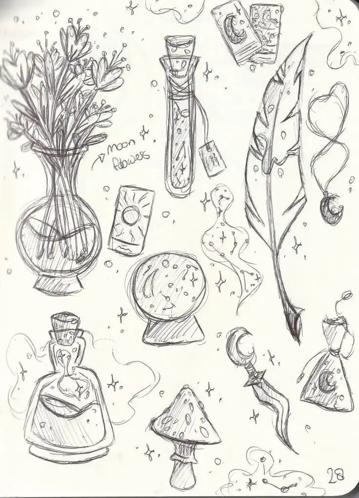 Sketch of magical items including moon flowers, potion bottles, a quill, and tarot cards, creating a mystical and enchanting vibe.