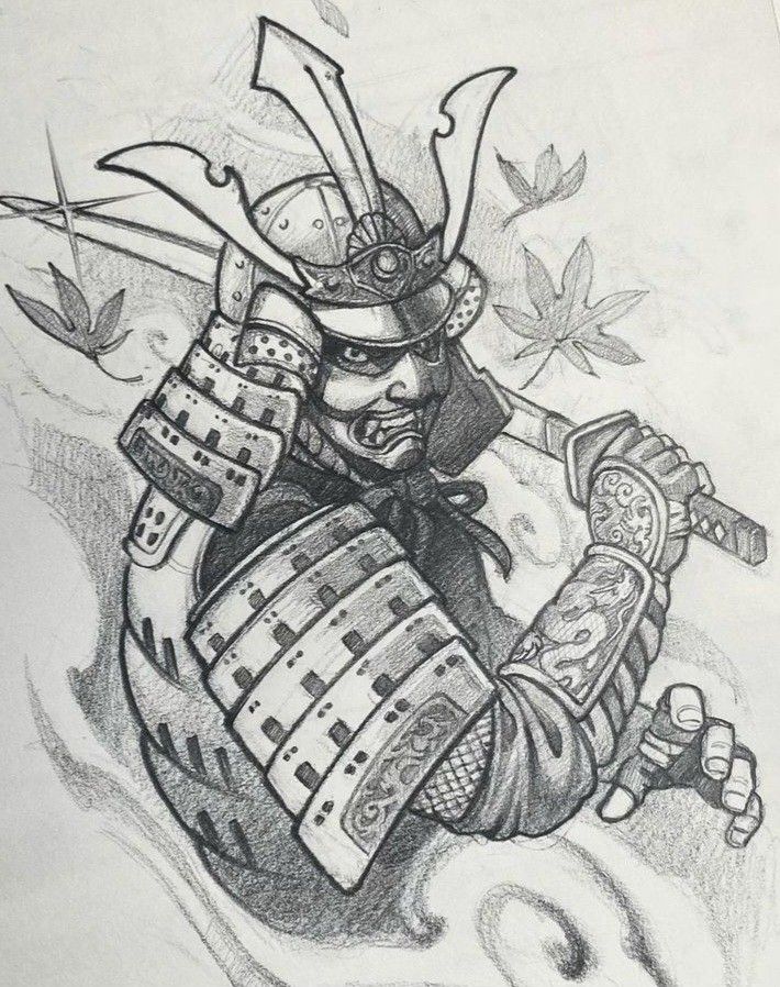 7edbd11ae1ef8d931bcfb6ac1528d896 Pencil drawing of a samurai in armor holding a sword, surrounded by falling leaves. | Sky Rye Design Pencil drawing of a samurai in armor holding a sword, surrounded by falling leaves.
