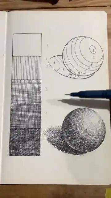 Sketchbook page showing shading techniques for spheres and grids, demonstrated with a pen. Ideal for art and drawing tutorials.