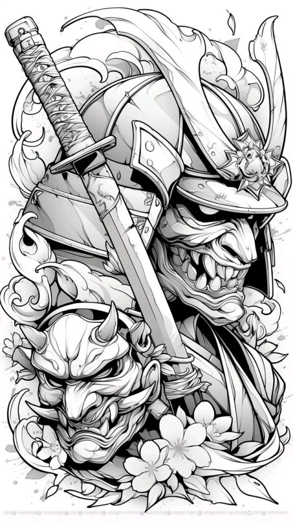 7fca83aa-26a8-47c5-a214-a6188e9c5ac8 Intricate black and white samurai artwork featuring a helmet, sword, oni mask, and flowers, highlighting Japanese warrior culture. | Sky Rye Design Intricate black and white samurai artwork featuring a helmet, sword, oni mask, and flowers, highlighting Japanese warrior culture.