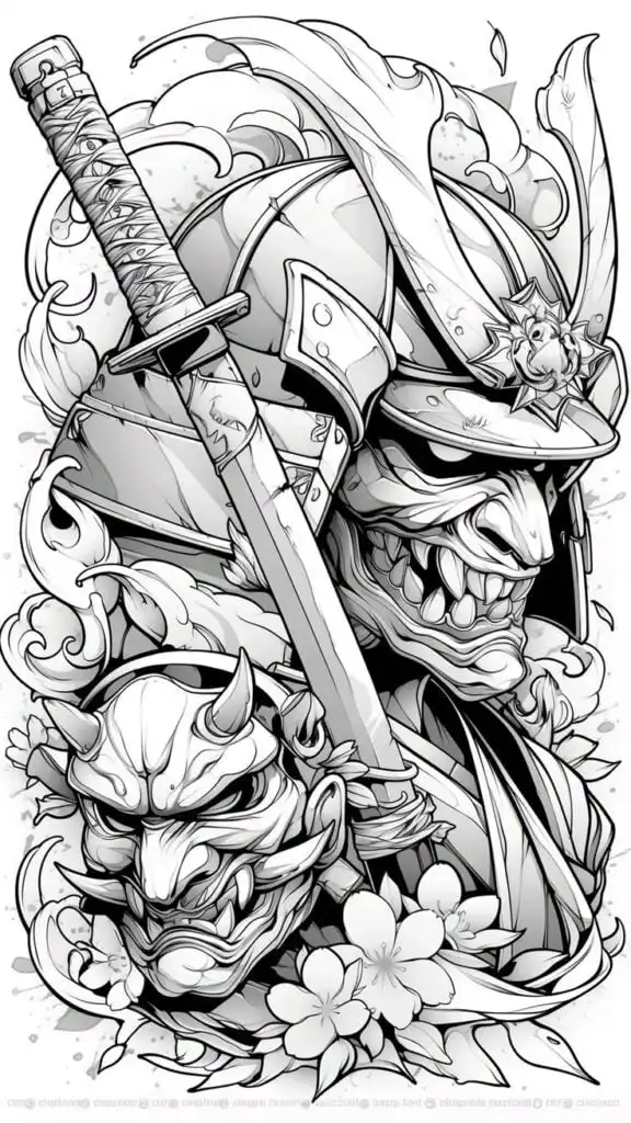7fca83aa-26a8-47c5-a214-a6188e9c5ac8 Intricate black and white samurai artwork featuring a helmet, sword, oni mask, and flowers, highlighting Japanese warrior culture. | Sky Rye Design Intricate black and white samurai artwork featuring a helmet, sword, oni mask, and flowers, highlighting Japanese warrior culture.