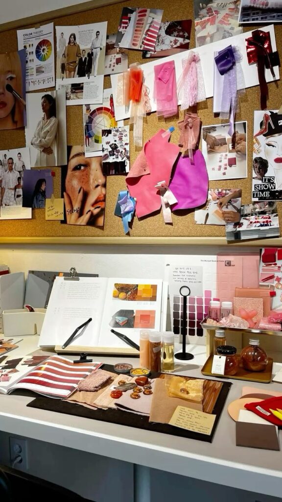 _ 8 Creative workspace with design sketches, fabric swatches, and color palettes on a desk and corkboard, inspiring fashion and art projects. | Sky Rye Design Creative workspace with design sketches, fabric swatches, and color palettes on a desk and corkboard, inspiring fashion and art projects.