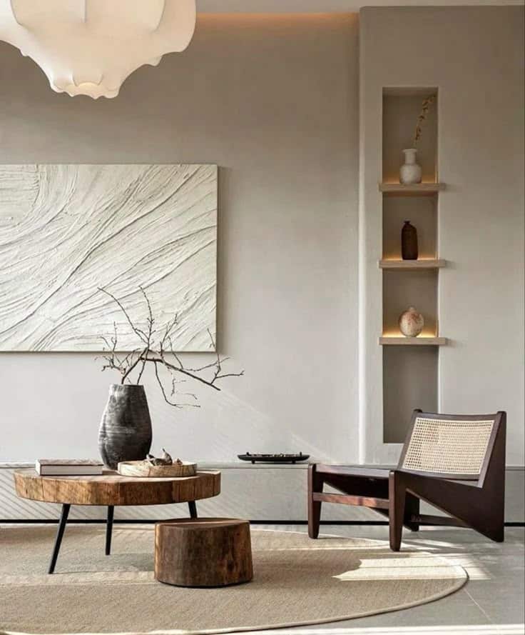Minimalist living room with modern wooden furniture, abstract wall art, and a serene, neutral color palette.
