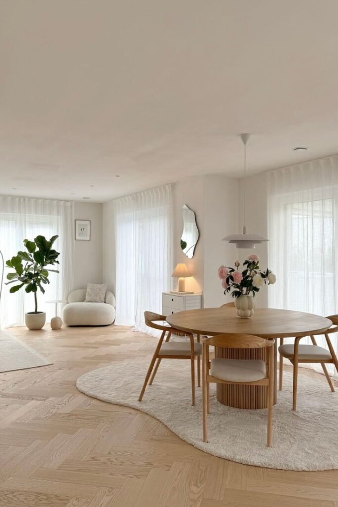 _ 8 Modern living room with round wooden dining table, chairs, white armchair, plants, and soft lighting, creating a cozy, minimalist atmosphere. | Sky Rye Design Modern living room with round wooden dining table, chairs, white armchair, plants, and soft lighting, creating a cozy, minimalist atmosphere.