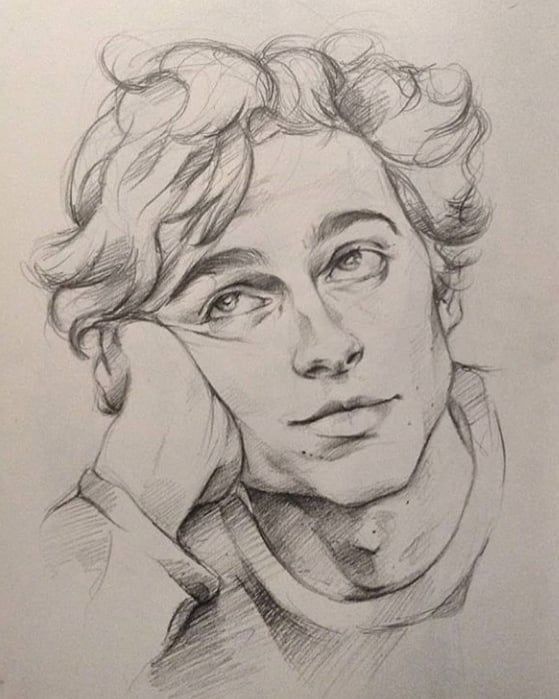 _ 8 Pencil sketch of a thoughtful young man with tousled hair resting his head on his hand, capturing a pensive expression. | Sky Rye Design Pencil sketch of a thoughtful young man with tousled hair resting his head on his hand, capturing a pensive expression.