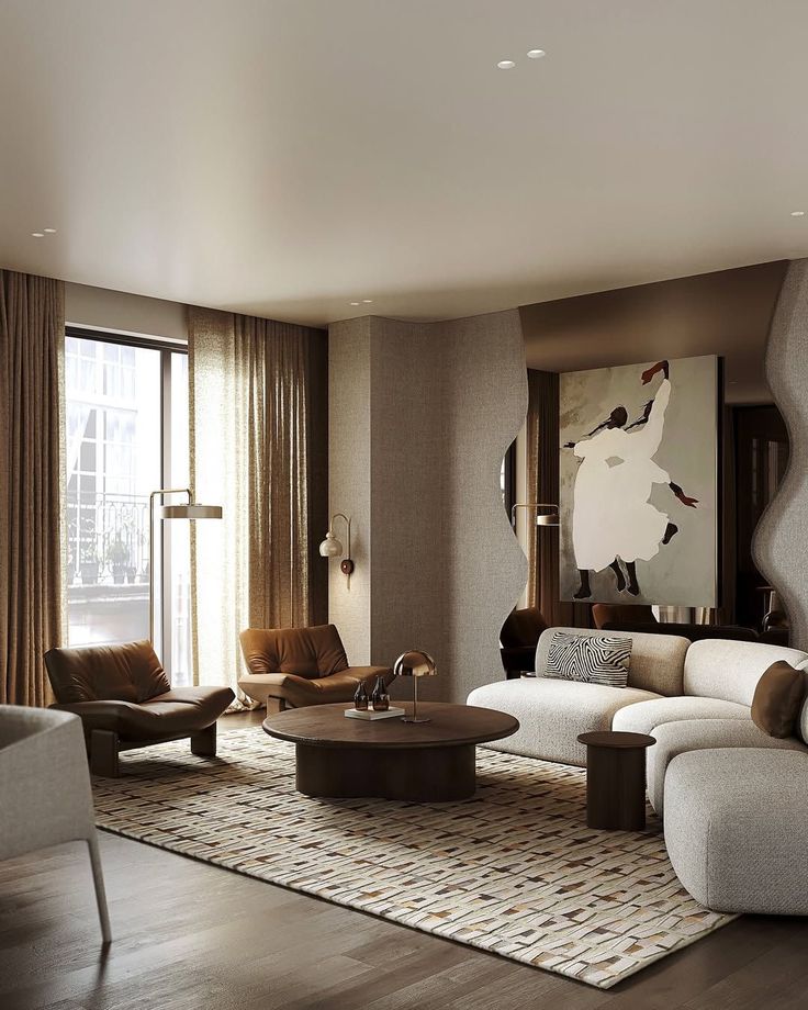 _ 8 Luxurious modern living room with abstract art, curved furniture, and warm neutral tones, featuring floor-to-ceiling windows and chic décor. | Sky Rye Design Luxurious modern living room with abstract art, curved furniture, and warm neutral tones, featuring floor-to-ceiling windows and chic décor.