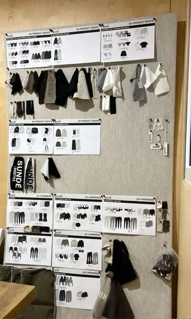 _ 8 Fashion design mood board displaying upcoming product drops, fabric swatches, and sketches of apparel collections for planning. | Sky Rye Design Fashion design mood board displaying upcoming product drops, fabric swatches, and sketches of apparel collections for planning.