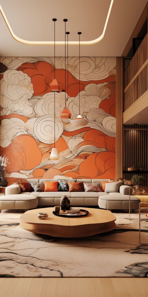 _ 80 Modern living room with abstract orange mural, sleek lighting, beige sectional sofa, and wooden coffee table. Cozy and stylish interior design. | Sky Rye Design Modern living room with abstract orange mural, sleek lighting, beige sectional sofa, and wooden coffee table. Cozy and stylish interior design.