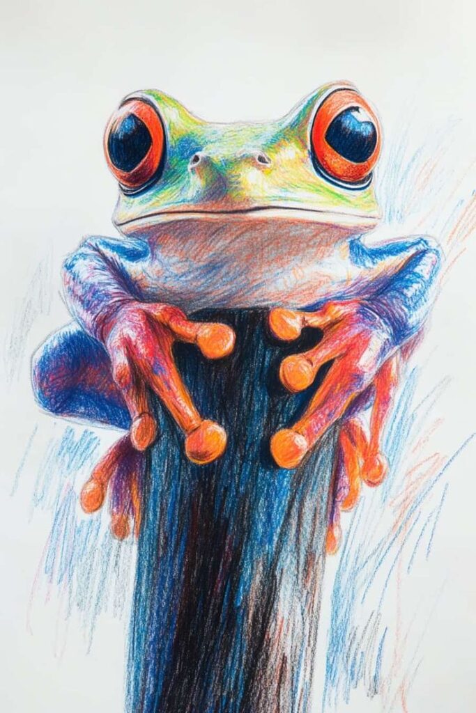 80 Colored Pencil Doodles_ A Journey in Color Colorful drawing of a red-eyed tree frog perched on a branch, showcasing its vibrant orange hands and striking eyes. | Sky Rye Design Colorful drawing of a red-eyed tree frog perched on a branch, showcasing its vibrant orange hands and striking eyes.
