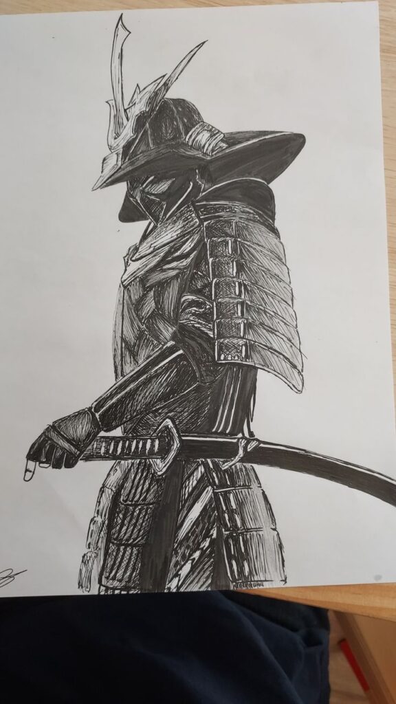 82ac4123158fb8b0da25e6c4ecc56b9b Black ink drawing of a samurai warrior in traditional armor, holding a sword. Art style emphasizes detail and texture. | Sky Rye Design Black ink drawing of a samurai warrior in traditional armor, holding a sword. Art style emphasizes detail and texture.