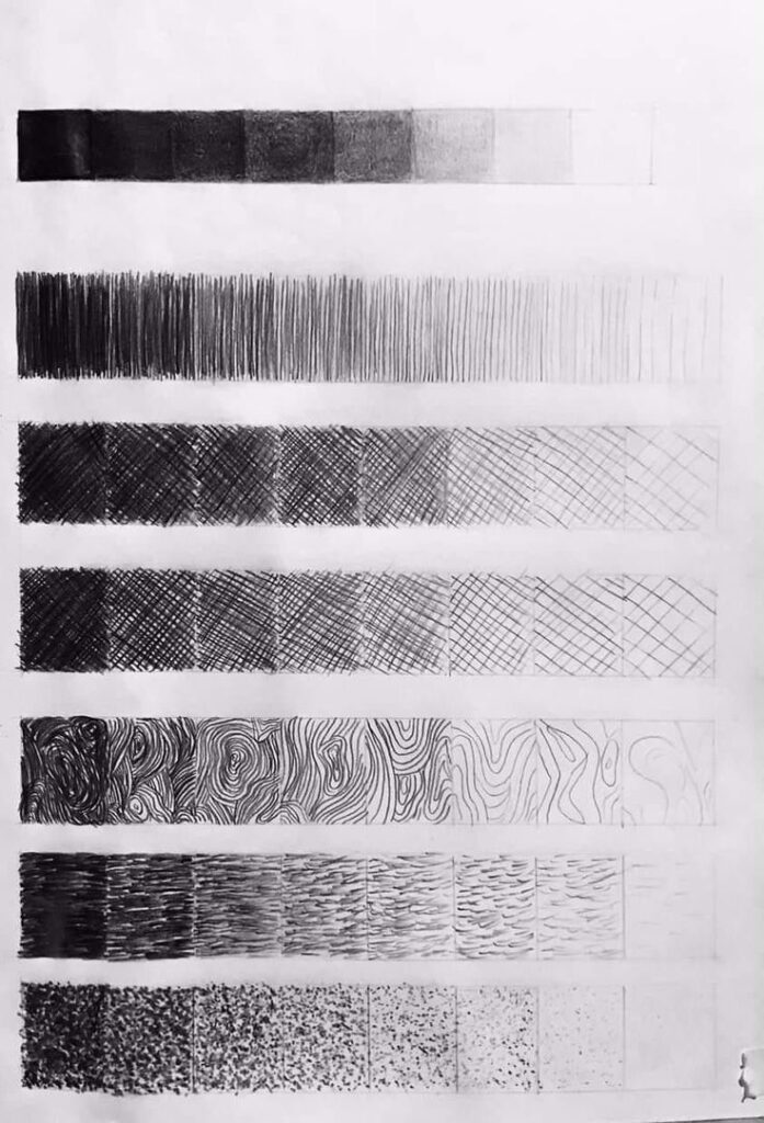 83ff172b3a5be7593eede48adddf4522 Pencil shading patterns in various styles, including hatching and stippling, demonstrating texture and value transitions on paper. | Sky Rye Design Pencil shading patterns in various styles, including hatching and stippling, demonstrating texture and value transitions on paper.