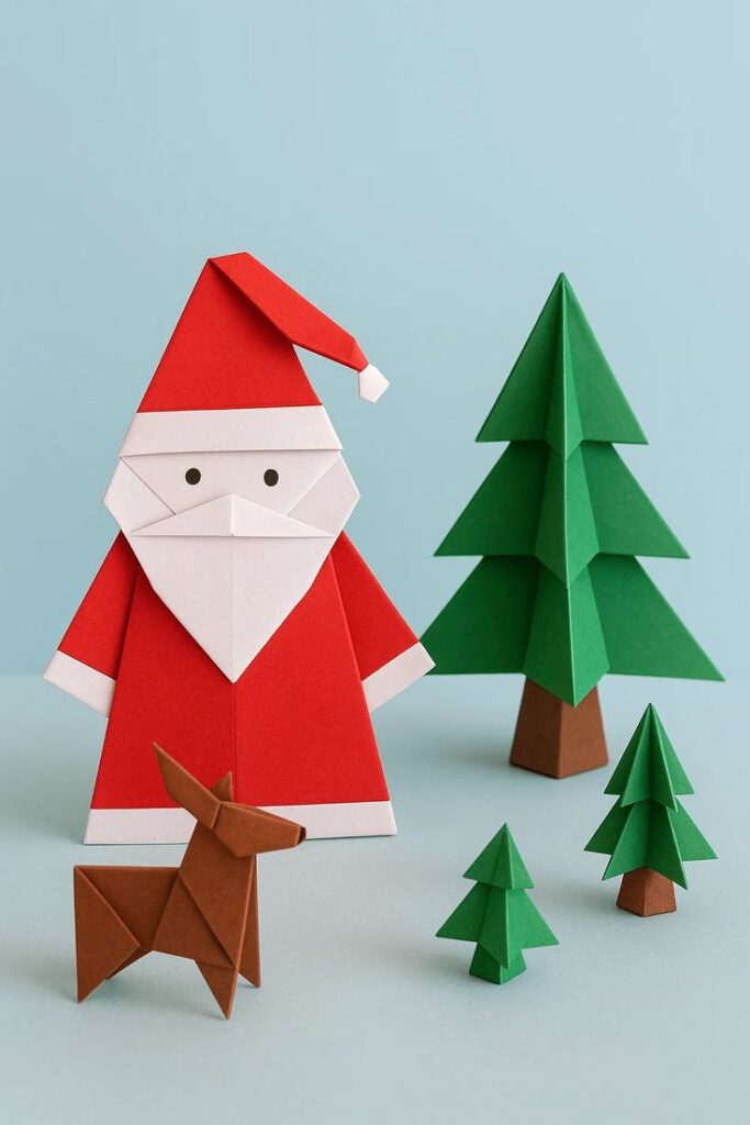 858f9fac6dd07960fe1d8dd76593f0ab Origami Santa with reindeer and trees on a blue background, festive and crafty holiday decoration scene. | Sky Rye Design Origami Santa with reindeer and trees on a blue background, festive and crafty holiday decoration scene.