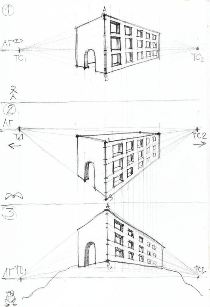 859e99c8d051b8733f05ca157a07fc4f Sketch illustrating three methods of building perspective and vanishing points for architectural design planning. | Sky Rye Design Sketch illustrating three methods of building perspective and vanishing points for architectural design planning.