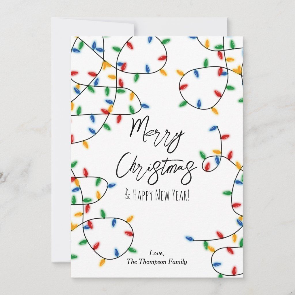 87a90a97bfa6b08edfdb19e83d992dee Festive Christmas card featuring colorful string lights and Merry Christmas & Happy New Year! text. Sent by The Thompson Family. | Sky Rye Design Festive Christmas card featuring colorful string lights and Merry Christmas & Happy New Year! text. Sent by The Thompson Family.