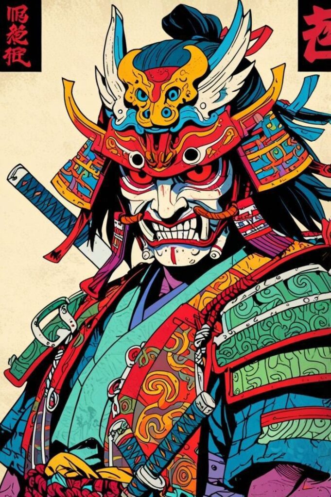 8a849364-f1a9-41c1-af07-421c2a14c70e Vibrant illustration of a fierce samurai warrior in colorful armor, wielding swords, showcasing historical Japanese culture and art. | Sky Rye Design Vibrant illustration of a fierce samurai warrior in colorful armor, wielding swords, showcasing historical Japanese culture and art.
