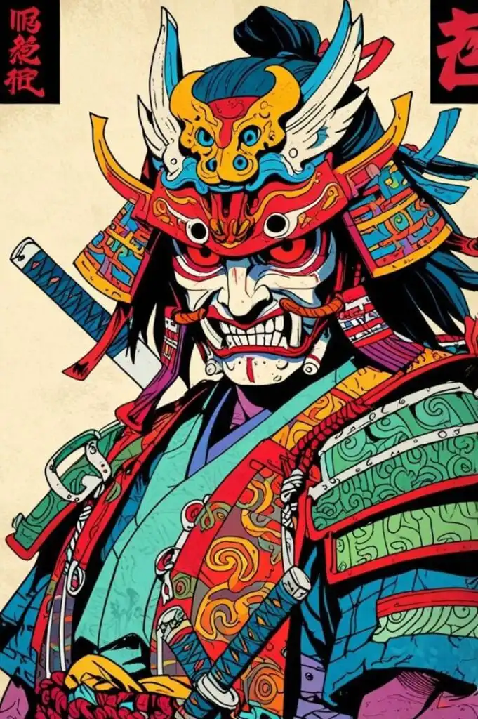 8a849364-f1a9-41c1-af07-421c2a14c70e Vibrant illustration of a fierce samurai warrior in colorful armor, wielding swords, showcasing historical Japanese culture and art. | Sky Rye Design Vibrant illustration of a fierce samurai warrior in colorful armor, wielding swords, showcasing historical Japanese culture and art.