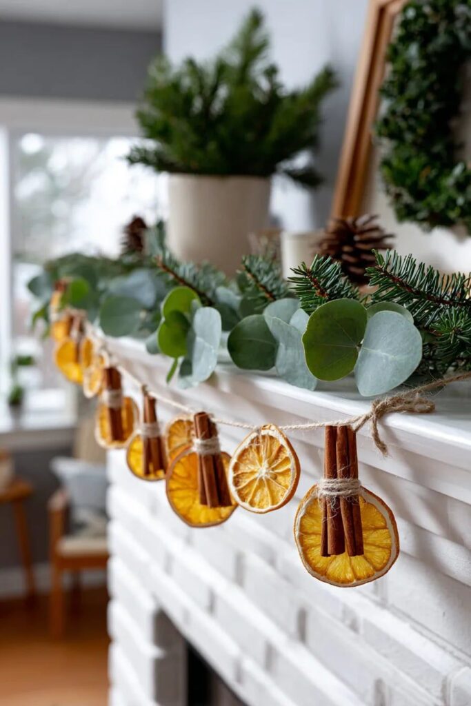 8d445c34218fb9a885094818f1b5598c Mantel decorated with dried orange slices, cinnamon sticks, and green garland, creating a cozy, festive holiday atmosphere. | Sky Rye Design Mantel decorated with dried orange slices, cinnamon sticks, and green garland, creating a cozy, festive holiday atmosphere.