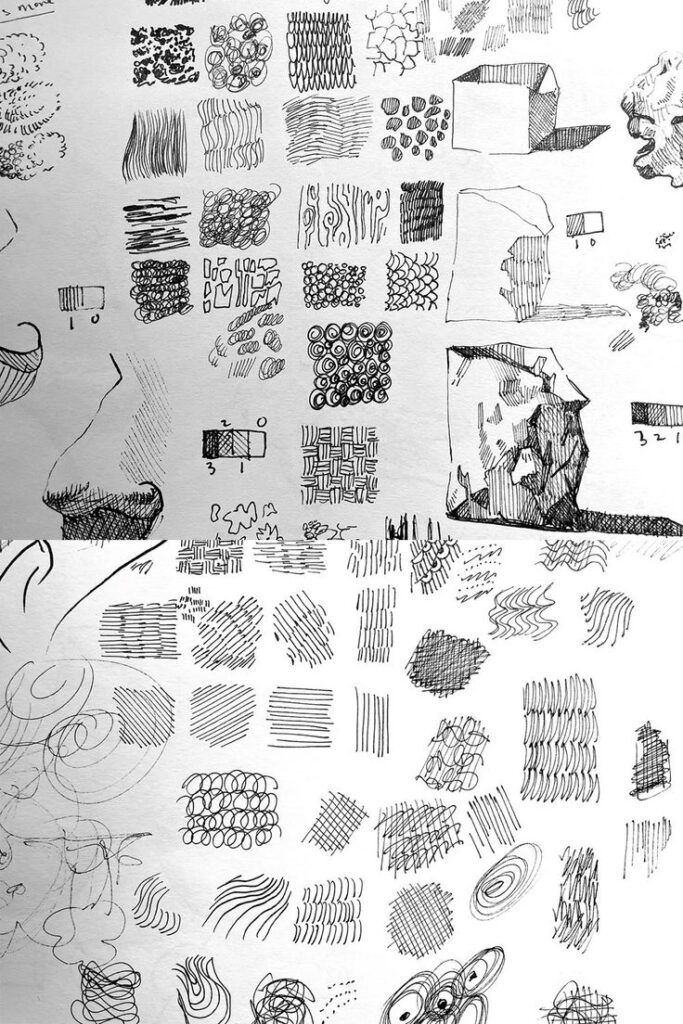 8d4abef04ce94aef1c6e5a8e02693dc0 Sketch of diverse pen textures and shapes, featuring abstract doodles, shading patterns, cubes, and organic forms on a white background. | Sky Rye Design Sketch of diverse pen textures and shapes, featuring abstract doodles, shading patterns, cubes, and organic forms on a white background.