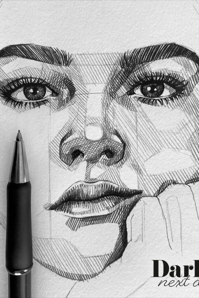 8def5c68-e592-4693-9c82-e1bb3b6b6229 Black and white sketch of a woman's face with a pen nearby, showcasing detailed shading and texture on paper. | Sky Rye Design Black and white sketch of a woman's face with a pen nearby, showcasing detailed shading and texture on paper.