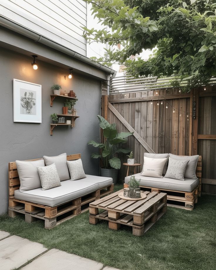 8e7111d3471127474a016fbec58dbc9a Cozy backyard with pallet furniture, gray wall, wooden fence, and lush greenery for a relaxing outdoor lounge area. | Sky Rye Design Cozy backyard with pallet furniture, gray wall, wooden fence, and lush greenery for a relaxing outdoor lounge area.