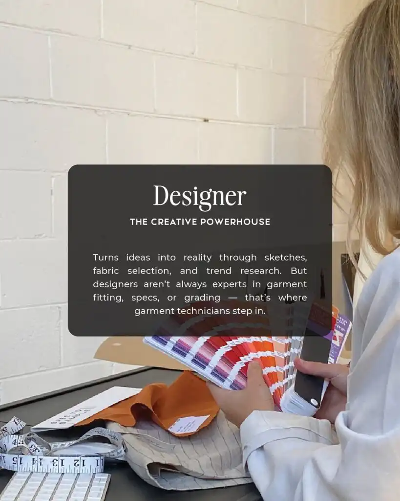 Designer selecting fabric swatches at a workspace with a measuring tape, showcasing the creative design process and fabric choices.