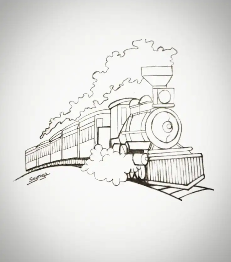 Hand-drawn sketch of a vintage steam train chugging along tracks, capturing a sense of nostalgia and movement.