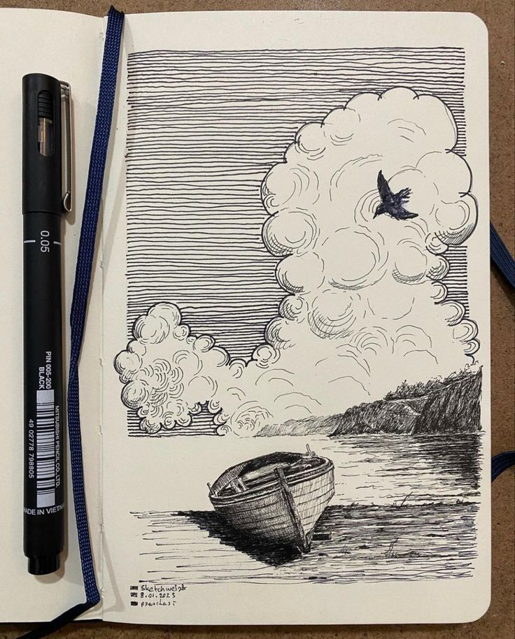 Ink sketch of a rowboat on water beside cliffs, with clouds and a flying bird in the sky. Black pen included in the scene.