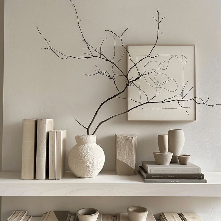 Minimalist shelf with neutral books, textured ceramics, and a dried branch in a vase for a modern, cozy home decor aesthetic.