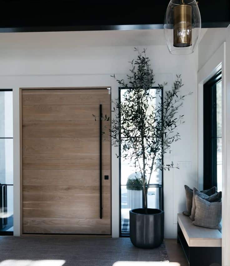 Screenshot Modern entryway with wooden door, large potted plant, and cozy bench seating. Minimalist design with natural lighting. | Sky Rye Design Modern entryway with wooden door, large potted plant, and cozy bench seating. Minimalist design with natural lighting.