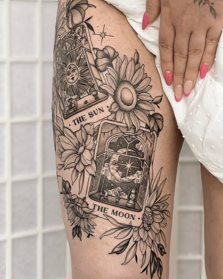 _ 9 Sun and Moon tarot tattoo on thigh with floral designs, featuring sunflowers and celestial elements. | Sky Rye Design Sun and Moon tarot tattoo on thigh with floral designs, featuring sunflowers and celestial elements. cute thigh tattoos for women