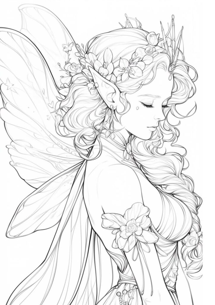 _ 9 Elegant fairy with detailed wings and floral crown, captures serenity and ethereal beauty in black and white line art. | Sky Rye Design Elegant fairy with detailed wings and floral crown, captures serenity and ethereal beauty in black and white line art.