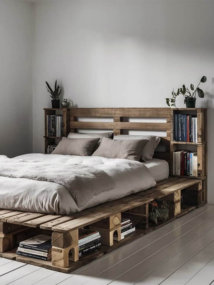 _ 9 Rustic pallet bed frame with built-in shelves and plants in a minimalist bedroom, featuring cozy bedding and wooden flooring. | Sky Rye Design Rustic pallet bed frame with built-in shelves and plants in a minimalist bedroom, featuring cozy bedding and wooden flooring.
