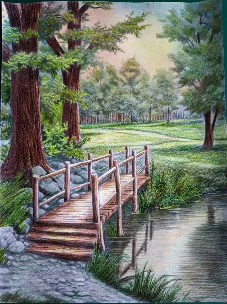 Illustrated forest scene with a wooden bridge over a calm river, surrounded by lush greenery and tall trees. Peaceful nature setting.