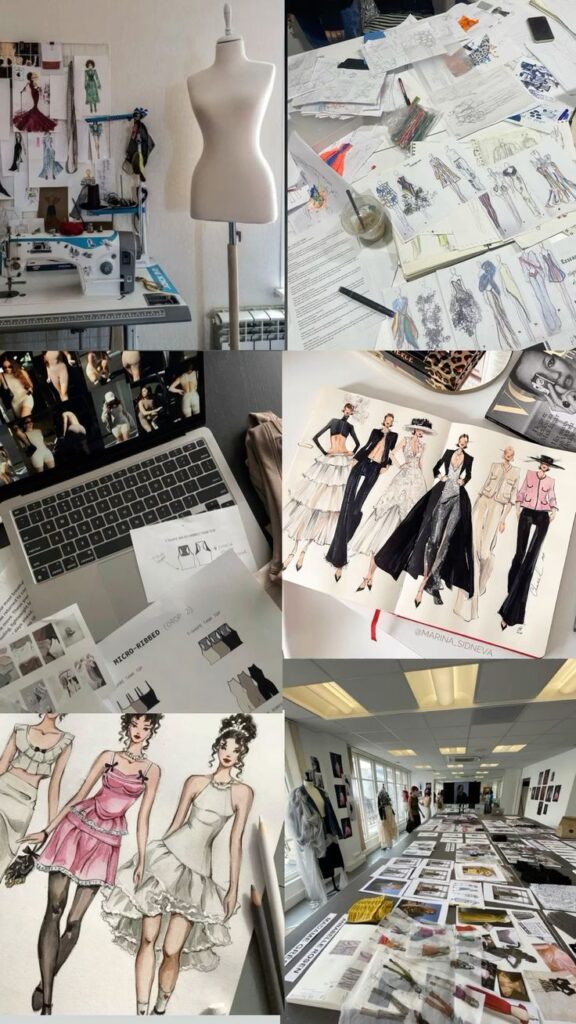 _ 9 Fashion design studio with sketches, mannequin, and fabrics on display, showcasing creative process and inspiration in clothing design. | Sky Rye Design Fashion design studio with sketches, mannequin, and fabrics on display, showcasing creative process and inspiration in clothing design.