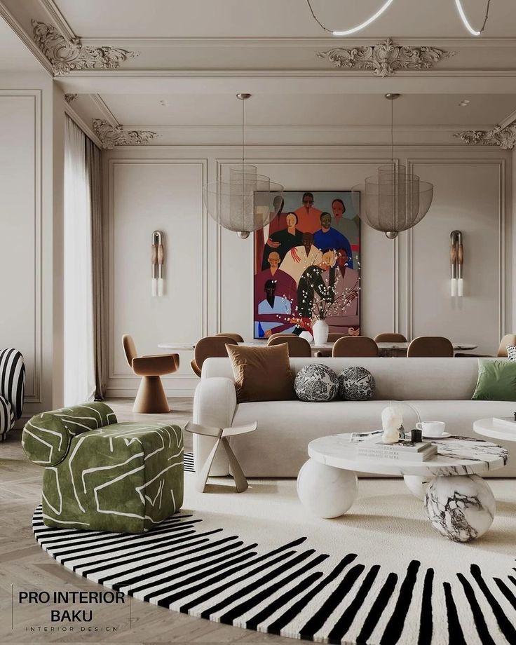 Elegant living room with modern decor, featuring a colorful painting, stylish furniture, and unique lighting fixtures.